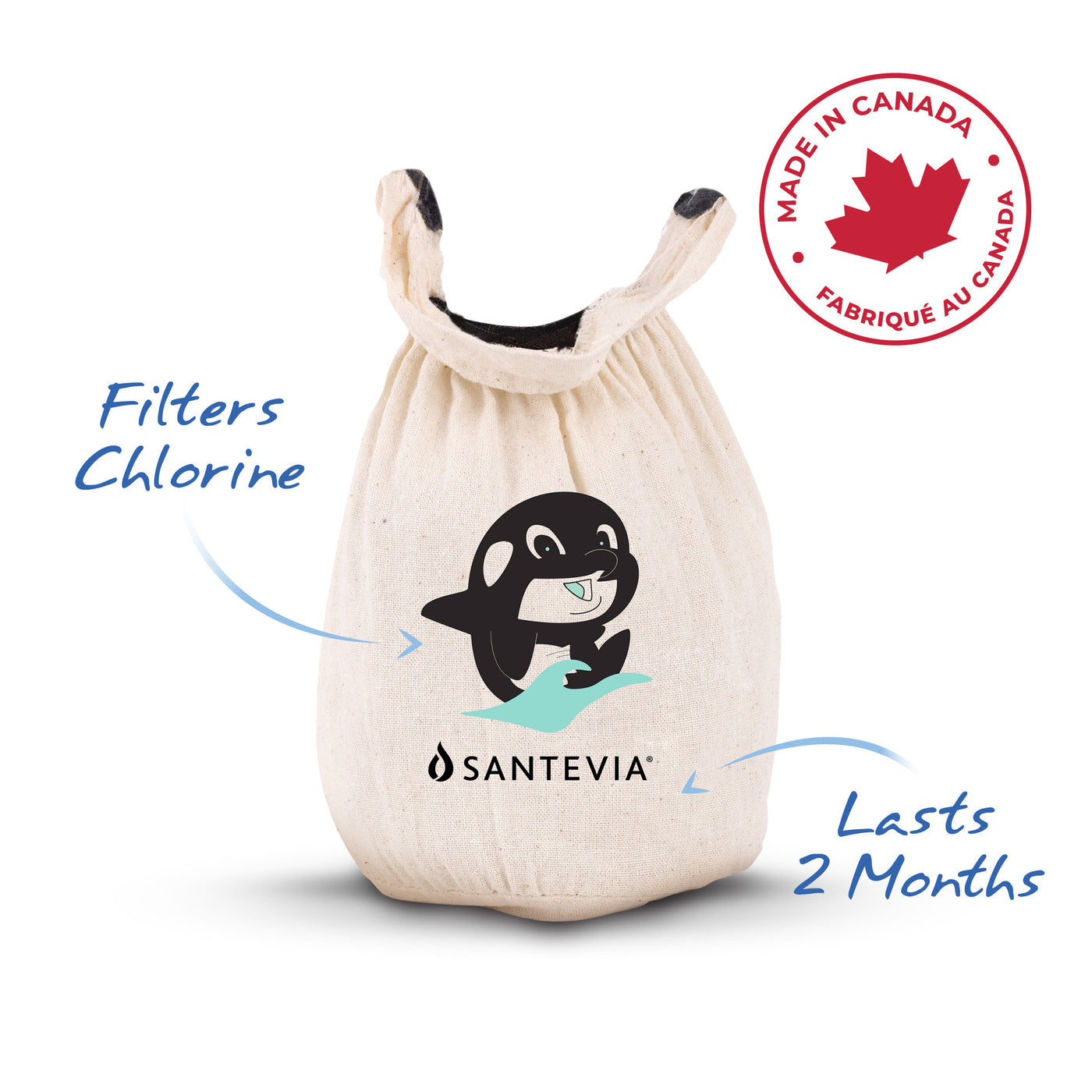 Le filtre de bain Santevia est fabriqué au Canada, filtre le chlore et dure 2 mois.