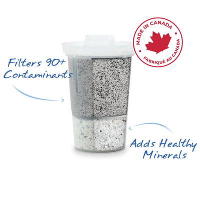Santevia MINA Fluoride Filter filtre plus de 90 contaminants, ajoute des minéraux sains et est fabriqué au Canada.