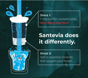 Santevia MINA Filter infographic depicting it's 2 part filtration and mineralization process