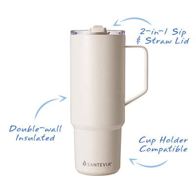 Les Tumbloers de Santevia sont dotés d'un couvercle 2-en-1 "Sip & Straw", d'une double paroi isolée en acier inoxydable et sont compatibles avec les porte-gobelets.