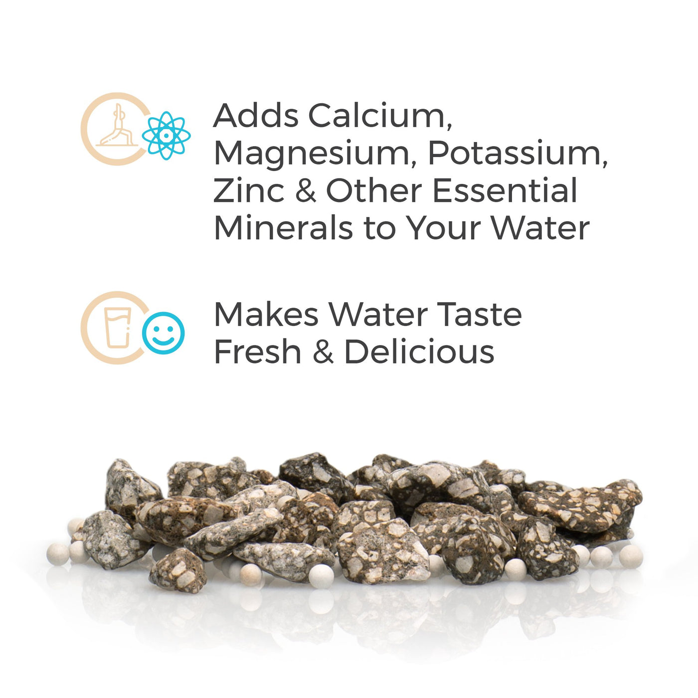 Les pierres minérales du système d'eau par gravité Santevia ajoutent du calcium, du magnésium, du potassium, du zinc et d'autres minéraux essentiels à votre eau.