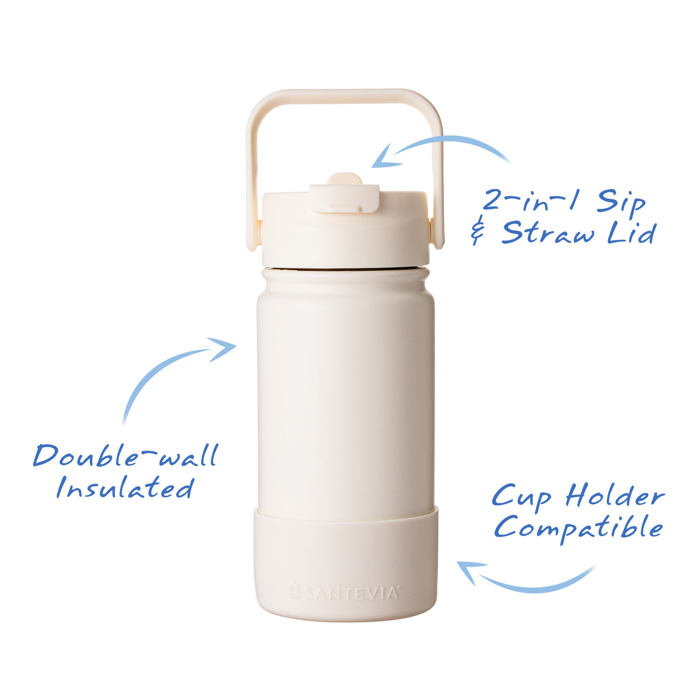 Santevia Kids Bottle has a 2-in-1 Sip & Straw Lid, made from double-wall insulated stainless steel and is cup holder compatible