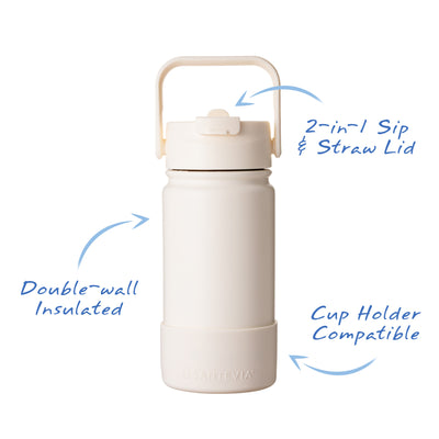 Santevia Kids Bottle has a 2-in-1 Sip & Straw Lid, made from double-wall insulated stainless steel and is cup holder compatible