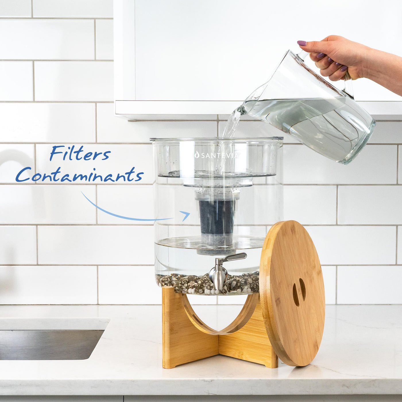 The Santevia Gravity Water System Filters Tap Water Contaminants