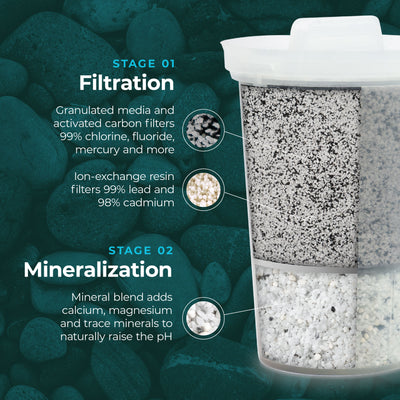 The Santevia MINA Alkaline Pitcher filter cutaway showing the granulated activated carbon and minerals within the filter#colour_white