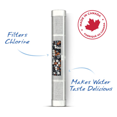 The Santevia Water Bottle Filter removes chlorine, is made in Canada, and makes water taste delicious